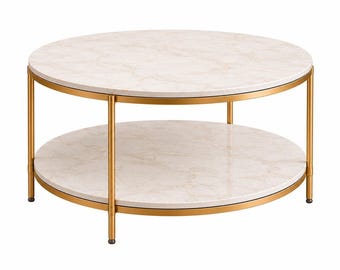 Mesa de centro redonda con diseño de mármol / Mesa auxiliar de dos niveles con estructura de metal dorado