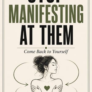 May include: A rectangular poster with a cream background featuring the black and olive green text STOP MANIFESTING AT THEM Come Back to Yourself A QUICK SELF-CONCEPT GUIDE and a line drawing of a person hugging themselves with a green heart.