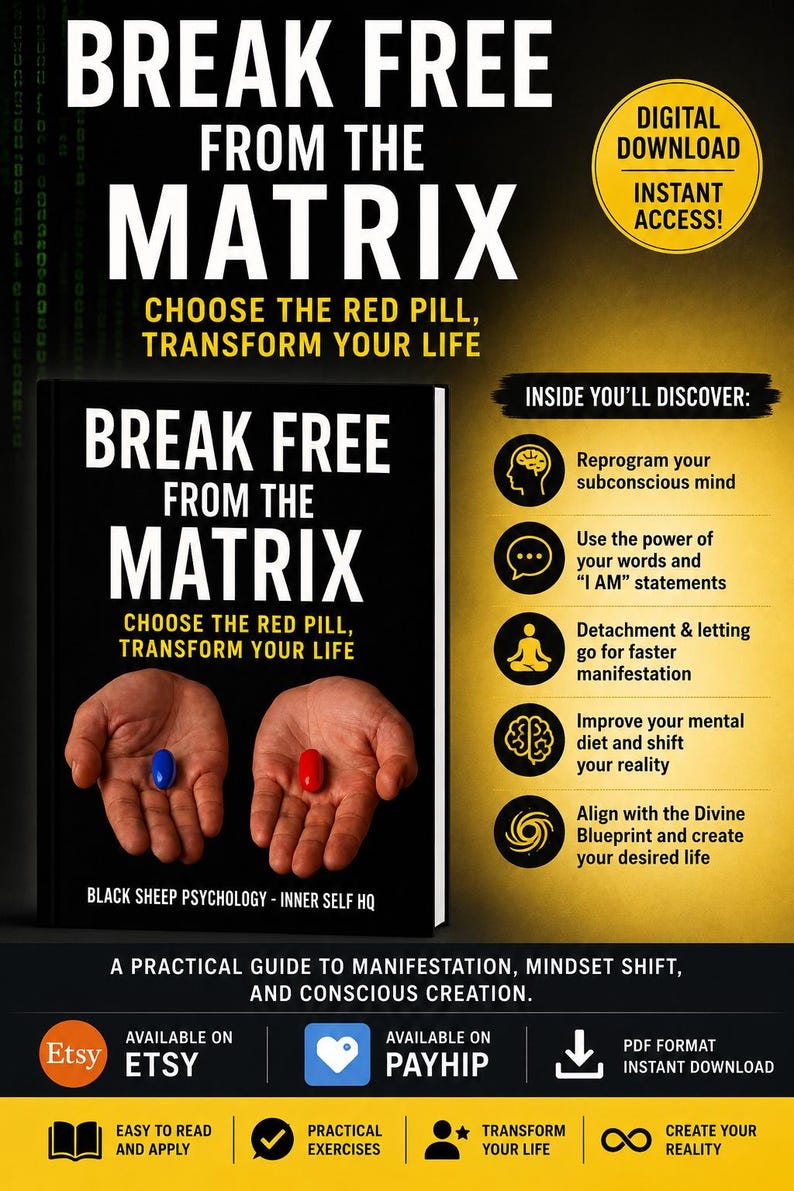May include: A digital download guide titled Break Free From The Matrix, Choose The Red Pill, Transform Your Life. The cover features two hands holding a blue and red pill. The document includes sections on reprogramming the subconscious mind, manifestation, and mindset shifts, available in PDF format.