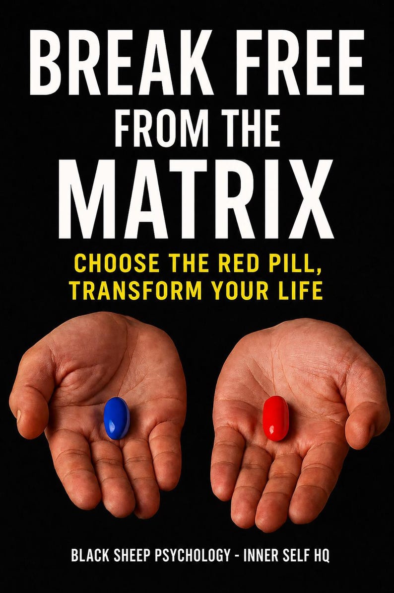 May include: A poster with a black background featuring the white text BREAK FREE FROM THE MATRIX and yellow text CHOOSE THE RED PILL, TRANSFORM YOUR LIFE. Two open palms are shown, one holding a blue pill and the other a red pill. BLACK SHEEP PSYCHOLOGY - INNER SELF HQ is at the bottom.