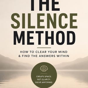 Peut inclure: Une couverture de livre intitulée The Silence Method: A Simple Guide to Clarity, Focus and Inner Direction. Le sous-titre indique How to Clear Your Mind & Find the Answers Within. Elle présente un paysage de lac calme et un badge circulaire.