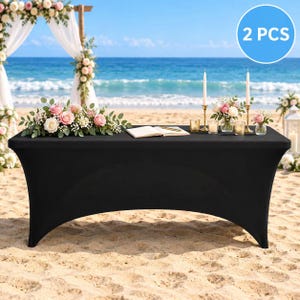 May include: A rectangular black spandex table cover with a fitted design. The fabric is smooth and stretches over the table legs, creating a clean, taut appearance. A blue circular graphic in the corner displays the white text 2 PCS.