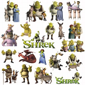 May include: A collection of digital illustrations featuring Shrek characters including Shrek, Fiona, Donkey, Puss in Boots, the Big Bad Wolf, the Three Little Pigs, and a red dragon, with the green Shrek logo text displayed in two different sizes.
