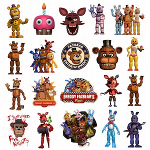 Può includere: Una collezione di adesivi dei personaggi di Five Nights at Freddy's con varie figure animatroniche tra cui Freddy, Bonnie, Chica e Foxy, insieme al logo Fazbear Entertainment e al testo I Survived Five Nights.