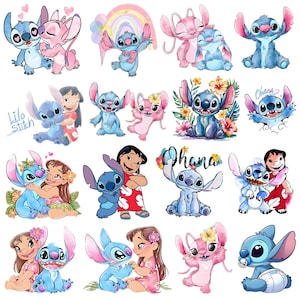 Puede incluir: Una colección de dieciséis ilustraciones al estilo acuarela que presentan al personaje alienígena azul Stitch y al personaje rosa Angel, a menudo junto a una niña, flores tropicales, arcoíris y el texto Lilo Stitch y Ohana.
