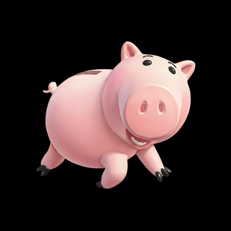 May include: A light pink piggy bank shaped like a cartoon pig with a rounded body, a large snout, small black eyes, and a curly tail. The figure features a dark brown coin slot on its back and small black hooves on its four legs, set against a black background.