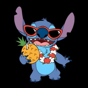 May include: A blue alien character with large ears and a wide smile wearing red-rimmed sunglasses and a floral lei made of red and white flowers. The character holds a yellow pineapple drink with a white straw against a solid black background.