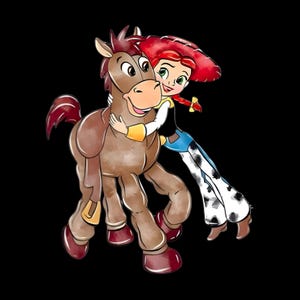 May include: A cartoon illustration of a brown horse with a saddle being hugged by a character with red hair, wearing a red cowboy hat, a yellow shirt, a black vest, and white pants with black cow-print spots against a solid black background.
