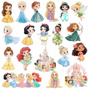 May include: A collection of chibi-style illustrations featuring various animated characters in colorful dresses and outfits, including a fairy with wings, a character with a bow and arrow, and multiple castle structures, all arranged on a grid.