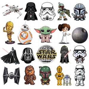 Puede incluir: Una colección de pegatinas con temática de Star Wars que incluye varios personajes y vehículos como Darth Vader, soldados de asalto, Yoda, C-3PO, R2-D2, Boba Fett, Chewbacca, la Estrella de la Muerte, un caza X-wing y un caza TIE en una cuadrícula.