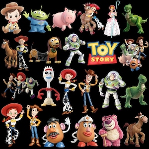 May include: A collection of Toy Story character illustrations including Woody, Buzz Lightyear, Jessie, Bullseye, Rex, Hamm, Slinky Dog, Mr. and Mrs. Potato Head, Forky, and Lotso on a black background with the Toy Story logo in the center.
