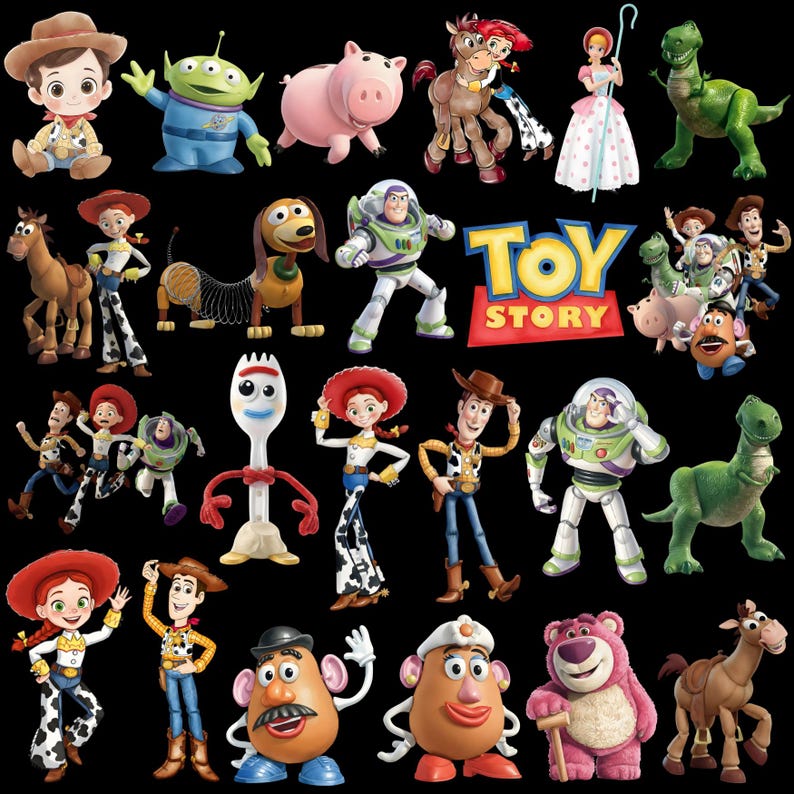 May include: A collection of Toy Story character illustrations including Woody, Buzz Lightyear, Jessie, Bullseye, Rex, Hamm, Slinky Dog, Mr. and Mrs. Potato Head, Forky, and Lotso on a black background with the Toy Story logo in the center.