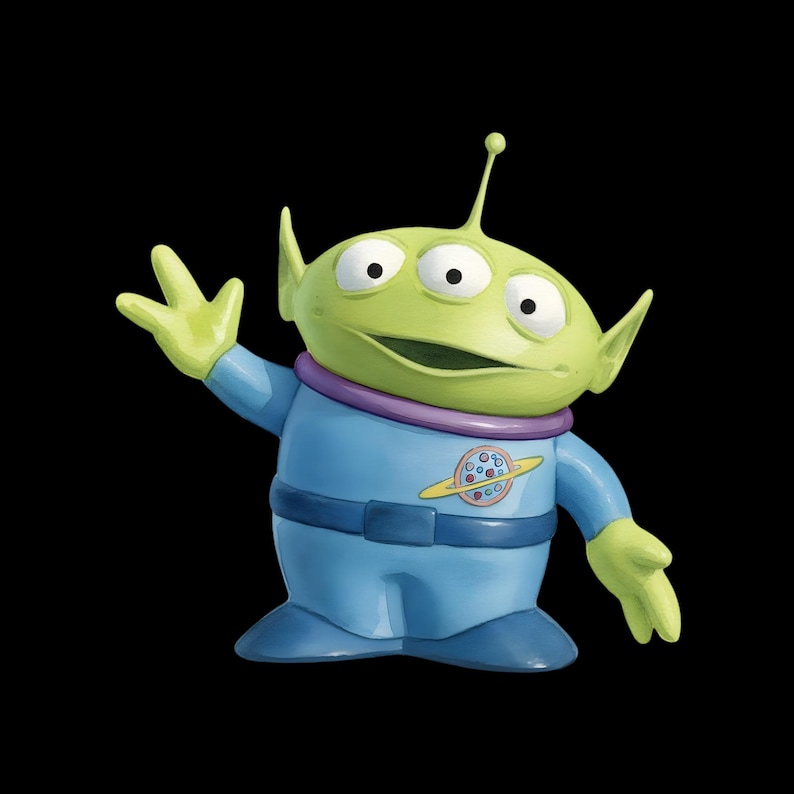 May include: A three-eyed green alien figurine with pointed ears and a single antenna on its head. The character wears a blue space suit with a purple collar, a blue belt, and a circular planet emblem on the chest, with one hand raised in a wave.