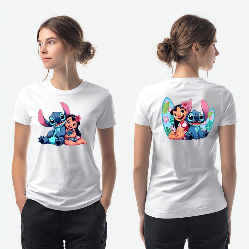 May include: A white short-sleeved t-shirt featuring a graphic print of the blue character Stitch and a girl with a pink flower in her hair. The front displays the pair sitting together, while the back shows them in front of a surfboard design.