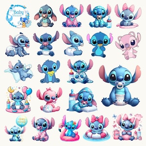 Puede incluir: Una colección de veinte ilustraciones individuales que muestran personajes alienígenas azules y rosas en varias poses con temática de bebé, incluyendo el uso de pañales, chupetes, biberones, sentados en cojines y flotando en un anillo.