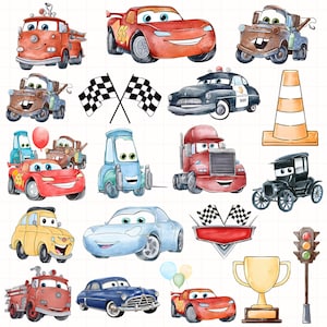 May include: A collection of watercolor illustrations featuring anthropomorphic vehicles including red race cars, a brown tow truck, a red fire truck, a blue car, a yellow car, a black police car, a red semi-truck, a trophy, traffic lights, and checkered flags.