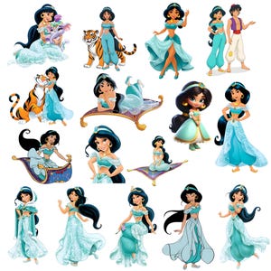 Puede incluir: Una colección de ilustraciones que muestran a la princesa Jasmine de Aladdin en varias poses, incluyendo sentada con un cachorro de tigre, de pie con un tigre, sobre una alfombra mágica y acompañada por Aladdin, vistiendo su atuendo turquesa.