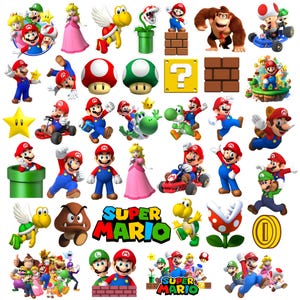 May include: A collection of Super Mario character stickers featuring Mario, Luigi, Princess Peach, Donkey Kong, Toad, Yoshi, Goomba, Koopa Troopa, and Piranha Plant, along with iconic game elements like question blocks, bricks, stars, and coins.