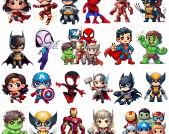 Chibi Superhero PNG Bundle, Cute Superhero Clipart Set, Cartoon Hero PNG, Kids Superhero Characters, Transparent PNG Digital Download