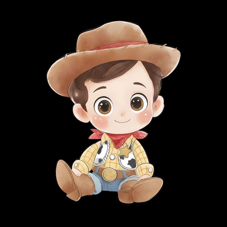 May include: A digital illustration of a cartoon character wearing a brown cowboy hat, a yellow plaid shirt with a cow-print vest, a red neckerchief, a brown belt with a gold buckle, and brown boots, sitting down with a small gold star badge.