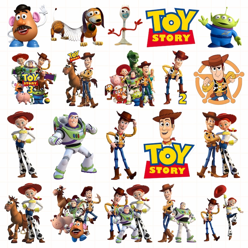 May include: A collection of Toy Story character stickers featuring Woody, Buzz Lightyear, Jessie, Bullseye, Mr. Potato Head, Slinky Dog, Forky, Rex, Hamm, and the Little Green Men, along with the Toy Story logo and various movie-themed graphic elements.