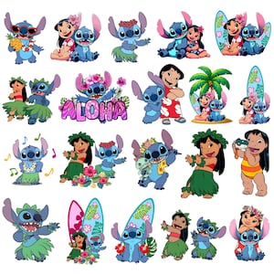 May include: A collection of digital illustrations featuring the blue alien character Stitch and a young girl with black hair in various tropical settings, including hula dancing, surfing, and wearing floral leis, with the word ALOHA in pink letters.