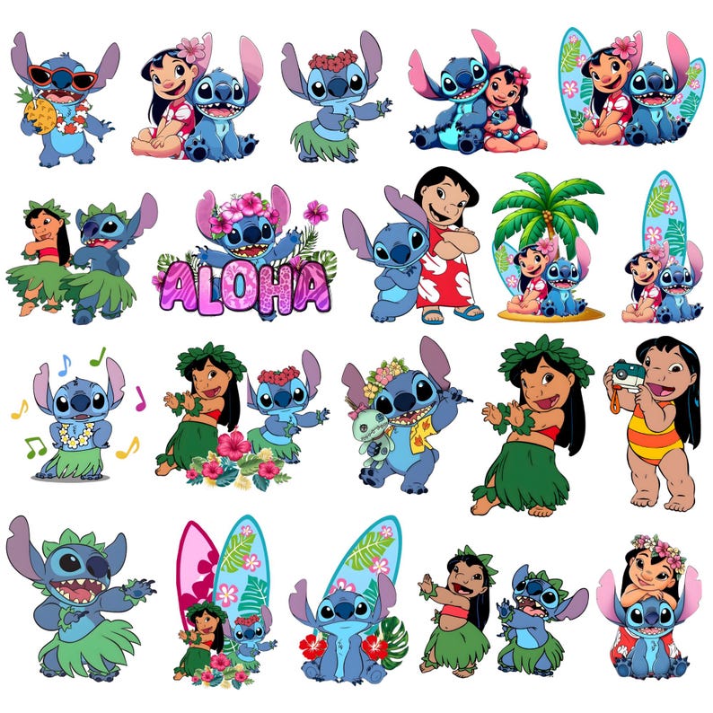 May include: A collection of digital illustrations featuring the blue alien character Stitch and a young girl with black hair in various tropical settings, including hula dancing, surfing, and wearing floral leis, with the word ALOHA in pink letters.