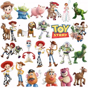 May include: A collection of Toy Story character illustrations including Woody, Buzz Lightyear, Jessie, Bullseye, Rex, Hamm, Slinky Dog, Forky, Mr. and Mrs. Potato Head, and Lotso, featuring the Toy Story logo in red and yellow text on a white background.