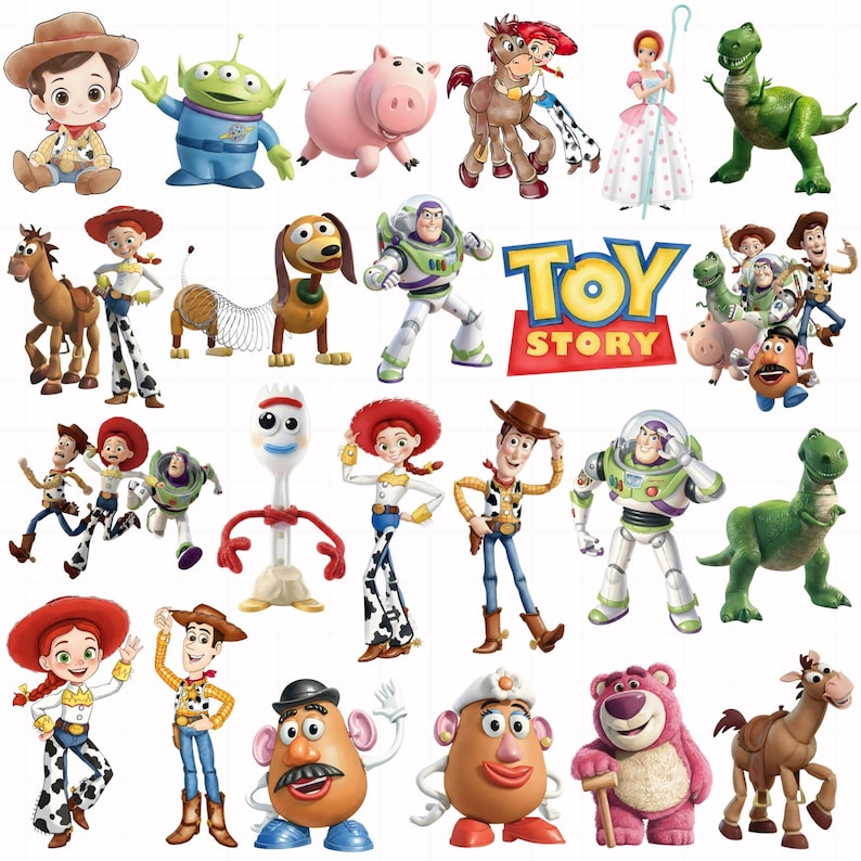 May include: A collection of Toy Story character illustrations including Woody, Buzz Lightyear, Jessie, Bullseye, Rex, Hamm, Slinky Dog, Forky, Mr. and Mrs. Potato Head, and Lotso, featuring the Toy Story logo in red and yellow text on a white background.