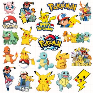 Può includere: Una collezione di adesivi in vinile colorati raffiguranti vari personaggi Pokémon tra cui Pikachu, Ash Ketchum, Bulbasaur, Charmander e Squirtle, insieme a icone Poké Ball e grafiche testuali che riportano Pokémon e Happy Birthday.