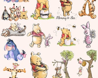 Baby Winnie the Pooh Changeable SVG PNG Bundle, Pooh Bear Clipart, Baby Shower Sublimation Tigger, Eeyore, Piglet Kids, Winnie the Pooh Png