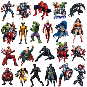 May include: A collection of colourful vinyl stickers featuring various comic book superheroes and villains including Captain America, Spider-Man, Iron Man, Hulk, Batman, Wonder Woman, Superman, Black Panther, Wolverine, Deadpool, Thor, and Black Widow.