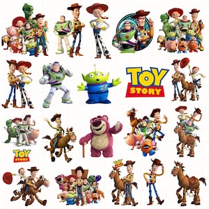 Może przedstawiać: Kolekcja naklejek z postaciami z Toy Story, w tym Woody, Buzz Astral, Jessie, Bystry, Rex, Hamm, Pan Bulwa, Obcy i Lotso. Zestaw zawiera różne pozy postaci oraz logo Toy Story w kolorze niebieskim i żółtym.