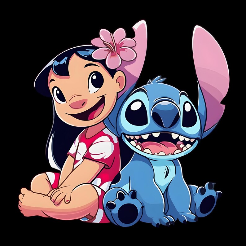 May include: A cartoon illustration featuring a young girl with black hair and a pink hibiscus flower behind her ear, wearing a red dress with white floral patterns, sitting next to a blue alien character with large ears and a wide, toothy grin.