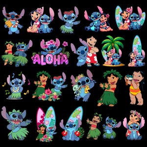 May include: A collection of blue alien characters and a young girl in various poses, including hula dancing, surfing, and wearing floral leis. The word ALOHA is written in large, pink, patterned letters. The characters are set against a black background.
