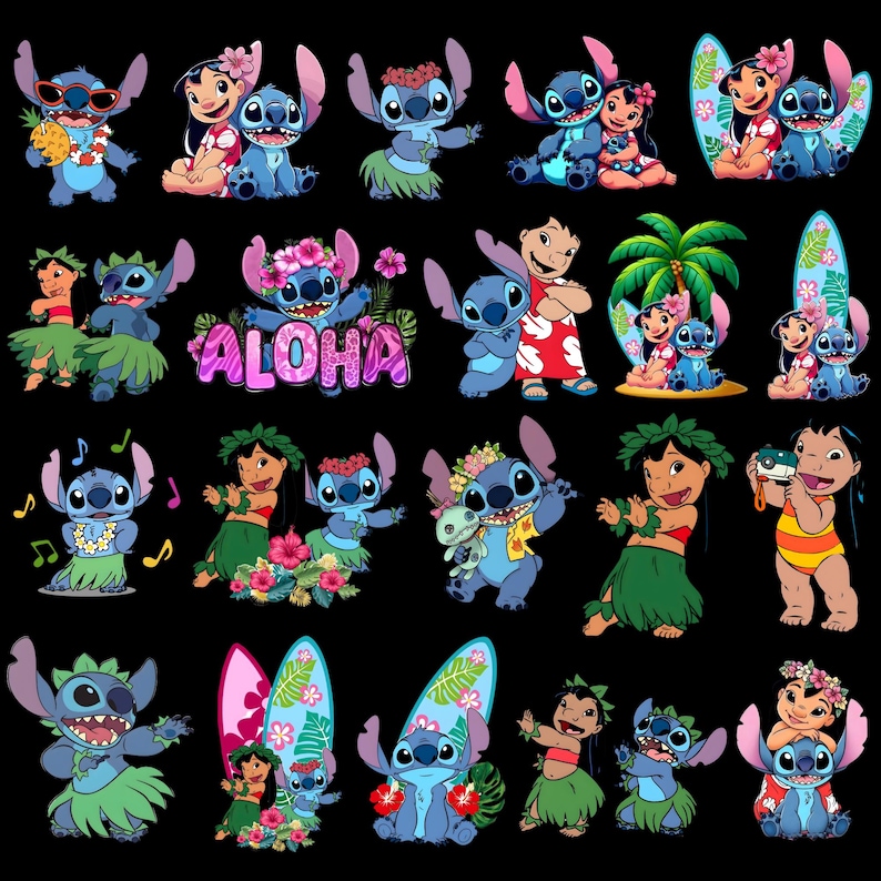 May include: A collection of blue alien characters and a young girl in various poses, including hula dancing, surfing, and wearing floral leis. The word ALOHA is written in large, pink, patterned letters. The characters are set against a black background.