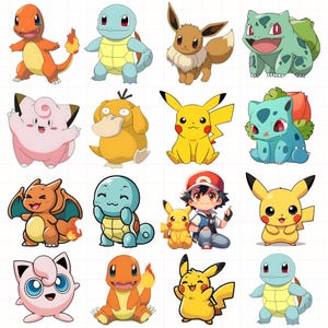 May include: A collection of sixteen colorful cartoon character illustrations arranged in a grid, featuring various creatures including orange lizards with flame tails, blue turtles, brown foxes, pink round beings, yellow electric mice, and a human boy.