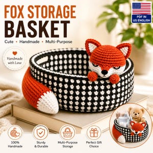 Wzór na szydełkowy kosz z lisem w formacie PDF, kosz do przechowywania amigurumi, leśny wystrój pokoju dziecięcego, organizer na zwierzęta, prezent na baby shower