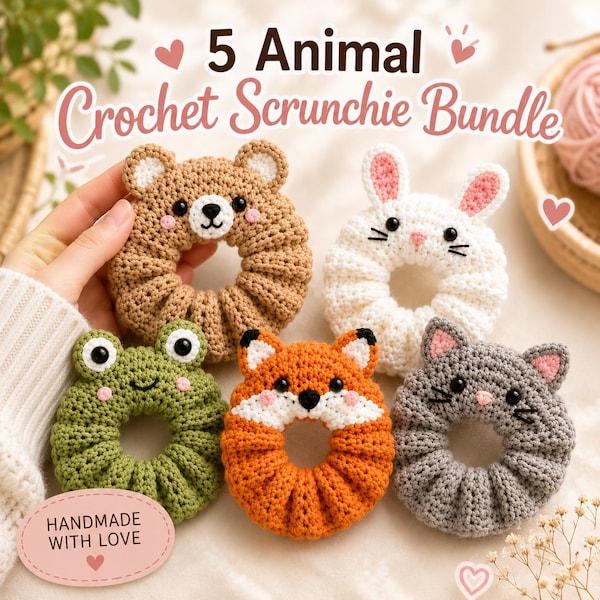 Paquete de 5 patrones de coleteros de ganchillo con forma de animales (oso, conejo, rana, zorro, gato) en formato PDF. Patrón para coletero de ganchillo, ideal para principiantes. Bonita idea para regalo.