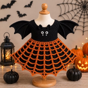 May include: A black crochet dress featuring bat wings on the sleeves, a bat face with white eyes and fangs on the bodice, and a flared skirt designed with an orange spiderweb pattern. The garment is displayed on a mannequin torso.