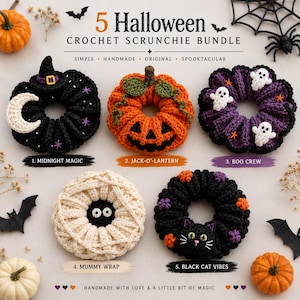 Könnte beinhalten: Ein Set aus fünf Halloween-Häkel-Haargummis, bestehend aus einem Design mit Hexenhut und Mond, einem orangefarbenen Kürbis, einem violetten Geistermuster, einer weißen Mumien-Wicklung und einem schwarzen Katzengesicht mit orangefarbenen Akzenten.