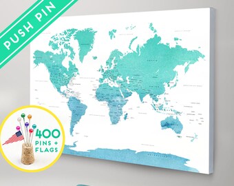 world map canvas watercolor blue mint countries capitals usa states push pin travel map pin it map gift idea 240 pins