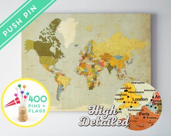 Custom World Map Push Pin Canvas Pink Color Ready to Hang 240 Pins 198 World Flag Sticker Pack Included High Detailed