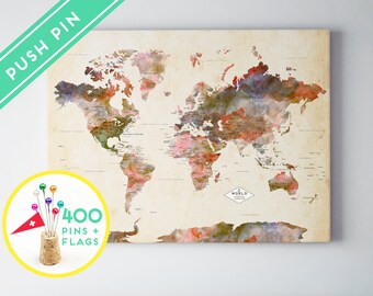 Personalized Push Pin World Map CANVAS World Map Watercolor Terra Vintage-  Countries  - Rush Free Shipping Included