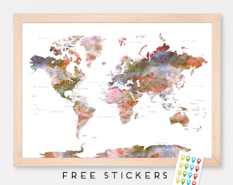 world map poster watercolor floral travel world map stickers included gift idea