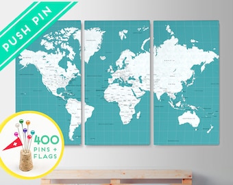 Canvas World Map Push Pin Map Large Size Ocean Color - Set 3 CANVAS - Countries, Capitals, USA, CANADA states - Pins + Flags - Free Shipping