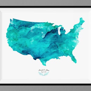 USA Wedding Guest Book Watercolor Map Date Personalized Guest Book United States Map - Add Quote Wedding Decor Custom Color