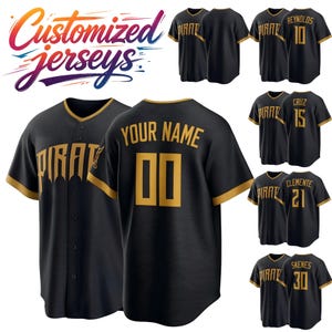 May include: A black baseball jersey with gold trim, featuring the word PIRATES in gold lettering on the front and the text YOUR NAME with the number 00 in gold on the back. The jersey has a button-down front and short sleeves.