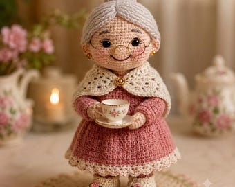 Padrão de crochê Amigurumi da Vovó Rose, Boneca Vovó, Boneca Xícara de Chá (Download em PDF)
