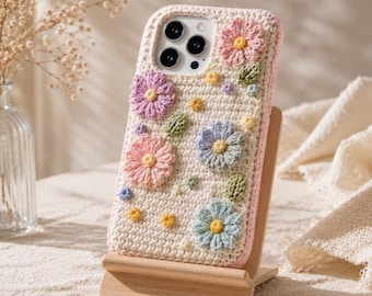 Molde de capa de celular de crochê em PDF, tutorial floral de margaridas, acessório estilo cottagecore (download digital)